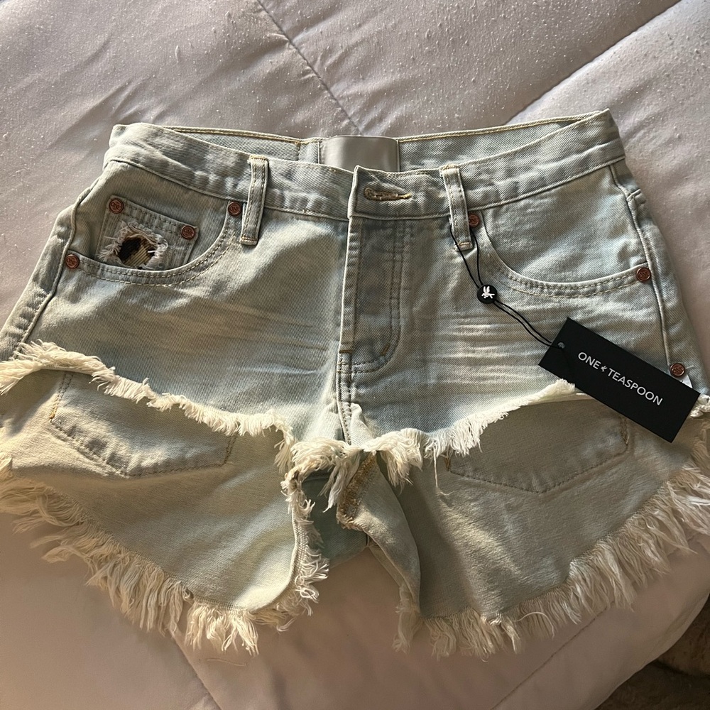 One Teaspoon Frayed Light Blue Jean Shorts